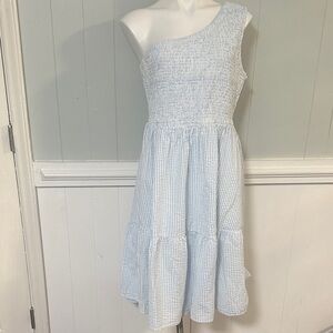 One-Shoulder Light Blue Seersucker Dress